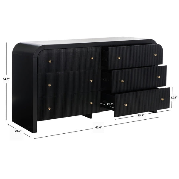 Safavieh LIABELLA Curved Dresser with 6 Drawers – Elegant Waterfall Design for Modern Bedroom Storage Solutions Black / Gold SFV2144B