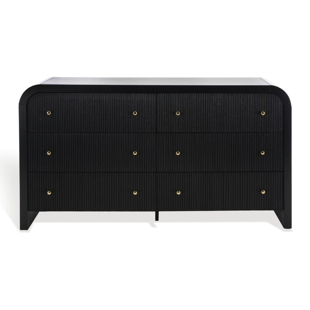 Safavieh LIABELLA Curved Dresser with 6 Drawers – Elegant Waterfall Design for Modern Bedroom Storage Solutions Black / Gold SFV2144B