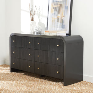 Safavieh LIABELLA Curved Dresser with 6 Drawers – Elegant Waterfall Design for Modern Bedroom Storage Solutions Black / Gold SFV2144B