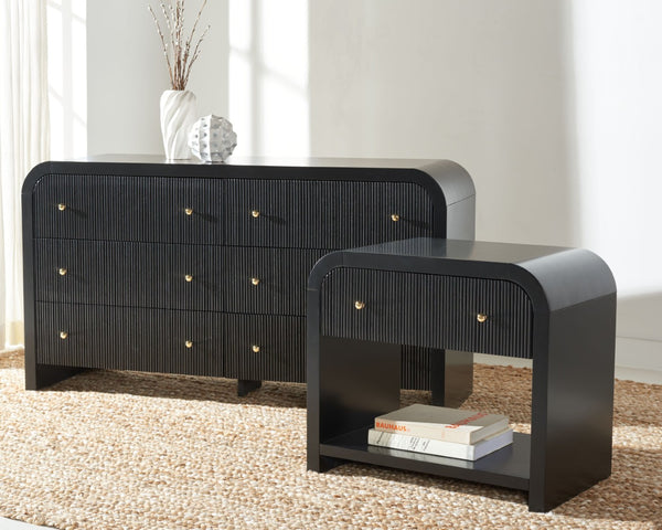 Safavieh LIABELLA Curved Nightstand with Elegant Ribbed Facade and Luxe Gold Accents for Modern Bedrooms Black / Gold SFV2145B