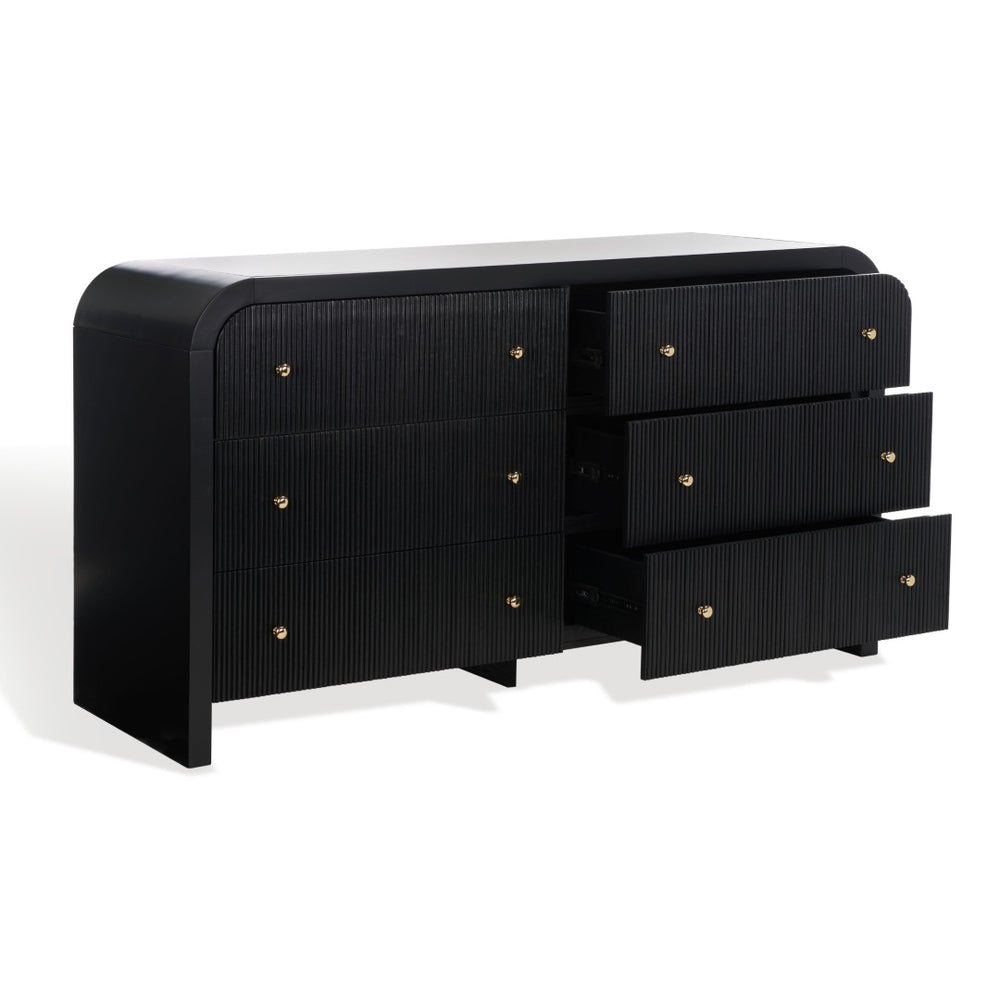 Safavieh LIABELLA Curved Dresser with 6 Drawers – Elegant Waterfall Design for Modern Bedroom Storage Solutions Black / Gold SFV2144B