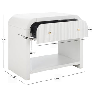 Safavieh LIABELLA Curved Nightstand with Elegant Ribbed Facade and Luxe Gold Accents for Modern Bedrooms White / Gold SFV2145A