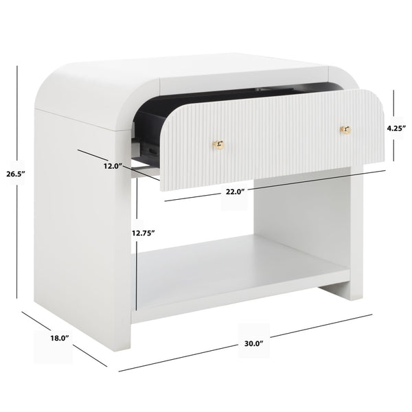Safavieh LIABELLA Curved Nightstand with Elegant Ribbed Facade and Luxe Gold Accents for Modern Bedrooms White / Gold SFV2145A