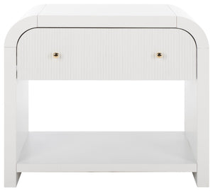 Safavieh LIABELLA Curved Nightstand with Elegant Ribbed Facade and Luxe Gold Accents for Modern Bedrooms White / Gold SFV2145A