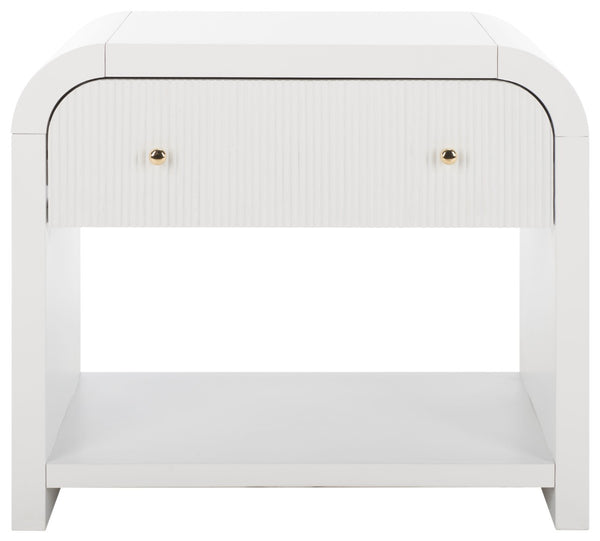 Safavieh LIABELLA Curved Nightstand with Elegant Ribbed Facade and Luxe Gold Accents for Modern Bedrooms White / Gold SFV2145A