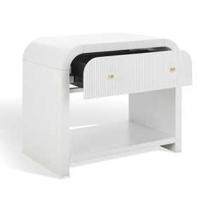 Safavieh LIABELLA Curved Nightstand with Elegant Ribbed Facade and Luxe Gold Accents for Modern Bedrooms White / Gold SFV2145A