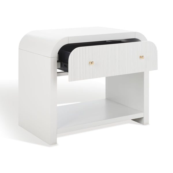 Safavieh LIABELLA Curved Nightstand with Elegant Ribbed Facade and Luxe Gold Accents for Modern Bedrooms White / Gold SFV2145A