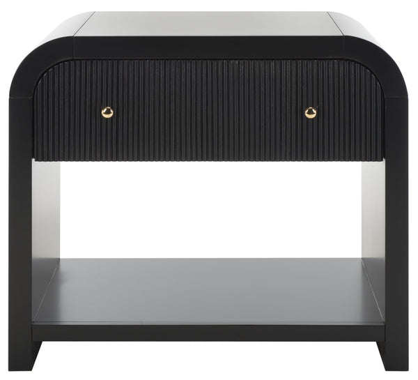 Safavieh LIABELLA Curved Nightstand with Elegant Ribbed Facade and Luxe Gold Accents for Modern Bedrooms Black / Gold SFV2145B