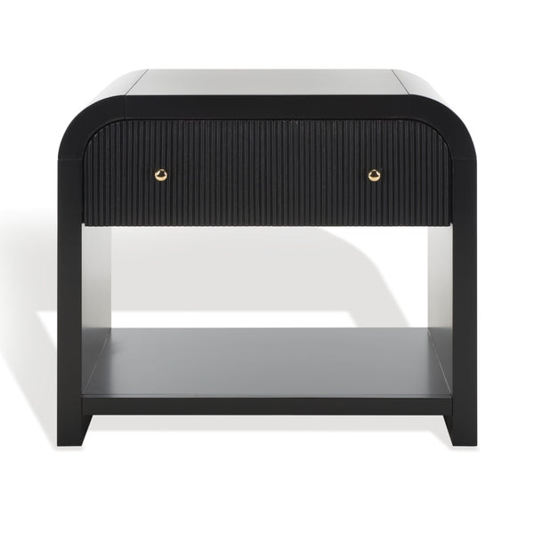 Safavieh LIABELLA Curved Nightstand with Elegant Ribbed Facade and Luxe Gold Accents for Modern Bedrooms Black / Gold SFV2145B