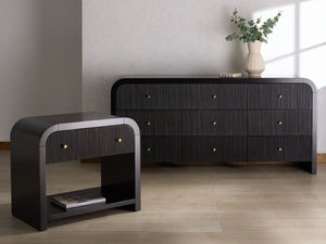 Safavieh LIABELLA Curved Nightstand with Elegant Ribbed Facade and Luxe Gold Accents for Modern Bedrooms Black / Gold SFV2145B
