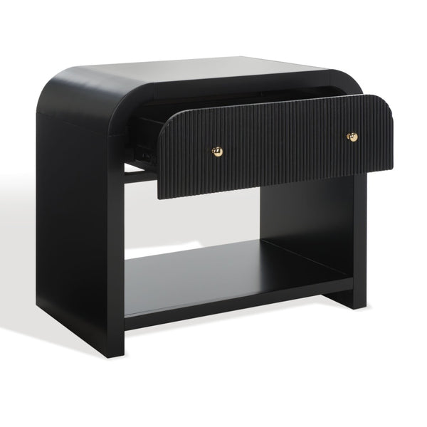 Safavieh LIABELLA Curved Nightstand with Elegant Ribbed Facade and Luxe Gold Accents for Modern Bedrooms Black / Gold SFV2145B