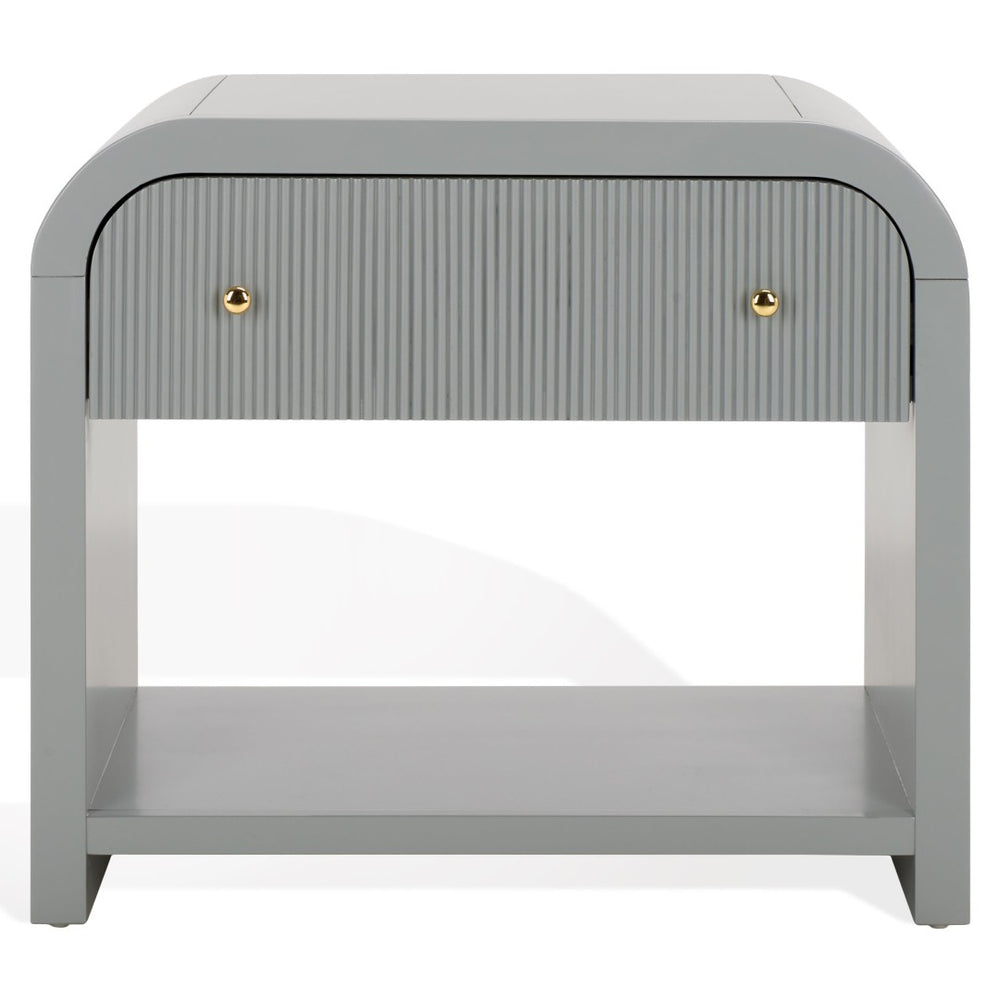 Safavieh LIABELLA Curved Nightstand with Elegant Ribbed Facade and Luxe Gold Accents for Modern Bedrooms Light Grey / Gold SFV2145C