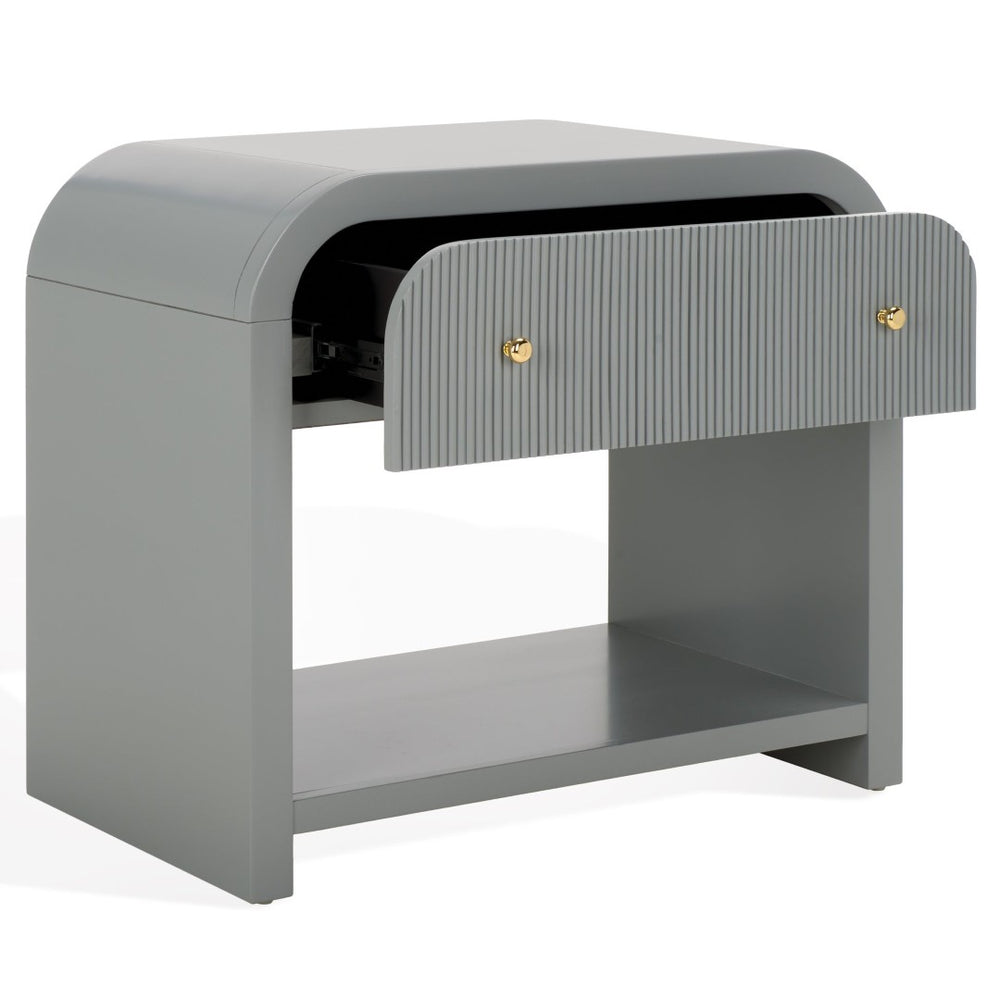 Safavieh LIABELLA Curved Nightstand with Elegant Ribbed Facade and Luxe Gold Accents for Modern Bedrooms Light Grey / Gold SFV2145C
