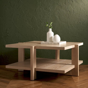 Safavieh QUIGLEY Modern Wood Coffee Table with Architectural Design and Ample Storage for Any Space Natural Cerused Oak SFV2150B