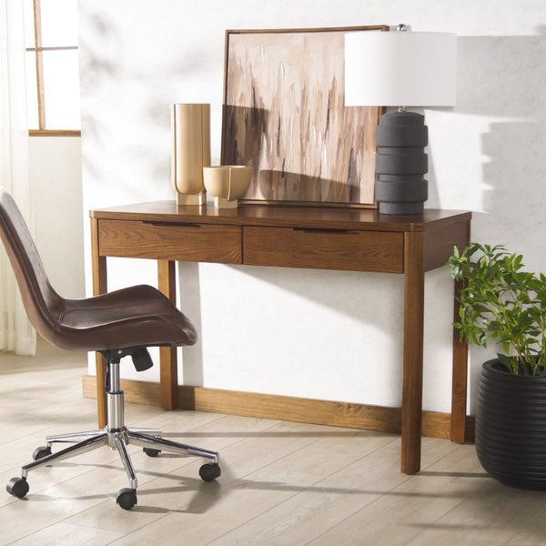 Safavieh GABRIETTA 2-Drawer Wood Desk - Modern Design for Home Office with Elegant Storage and Style Medium Oak / Black SFV2188C