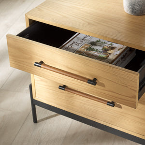 Safavieh Chandri Vegan Leather Wrapped Handle Nightstand - Stylish Storage Solution For Modern Bedrooms Natural ,Black Wood ,Metal ,Vegan Leather Sfv2191a