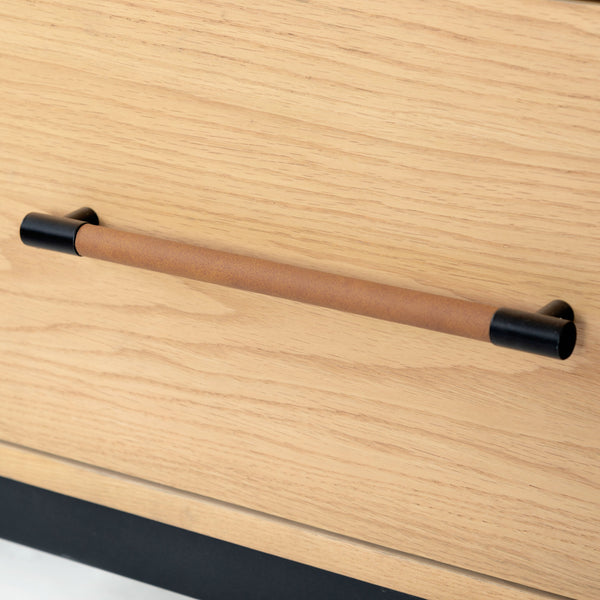 Safavieh Chandri Vegan Leather Wrapped Handle Nightstand - Stylish Storage Solution For Modern Bedrooms Natural ,Black Wood ,Metal ,Vegan Leather Sfv2191a