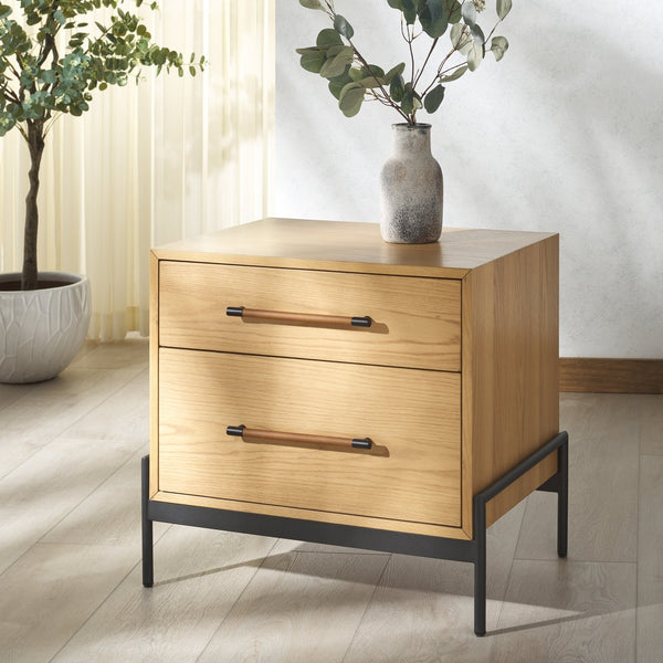 Safavieh Chandri Vegan Leather Wrapped Handle Nightstand - Stylish Storage Solution For Modern Bedrooms Natural ,Black Wood ,Metal ,Vegan Leather Sfv2191a