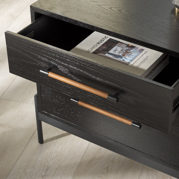 Safavieh Chandri Vegan Leather Wrapped Handle Nightstand - Stylish Storage Solution For Modern Bedrooms Black ,Brown Wood ,Metal ,Vegan Leather Sfv2191b