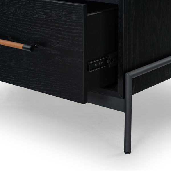 Safavieh Chandri Vegan Leather Wrapped Handle Nightstand - Stylish Storage Solution For Modern Bedrooms Black ,Brown Wood ,Metal ,Vegan Leather Sfv2191b