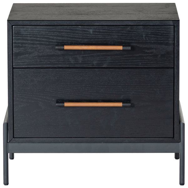 Safavieh Chandri Vegan Leather Wrapped Handle Nightstand - Stylish Storage Solution For Modern Bedrooms Black ,Brown Wood ,Metal ,Vegan Leather Sfv2191b