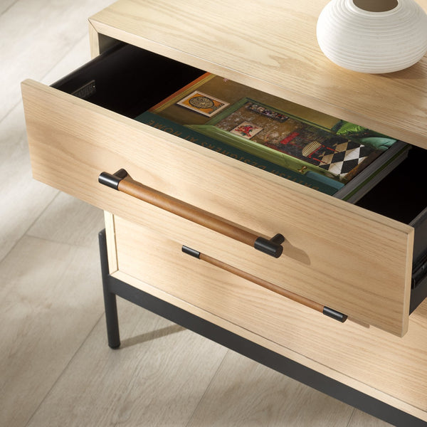 Safavieh Chandri Vegan Leather Wrapped Handle Nightstand - Stylish Storage Solution For Modern Bedrooms Oak ,Black Wood ,Metal ,Vegan Leather Sfv2191c