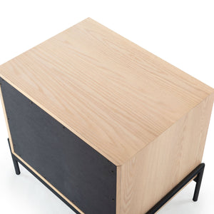 Safavieh Chandri Vegan Leather Wrapped Handle Nightstand - Stylish Storage Solution For Modern Bedrooms Oak ,Black Wood ,Metal ,Vegan Leather Sfv2191c