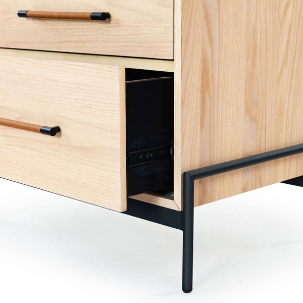 Safavieh Chandri Vegan Leather Wrapped Handle Nightstand - Stylish Storage Solution For Modern Bedrooms Oak ,Black Wood ,Metal ,Vegan Leather Sfv2191c