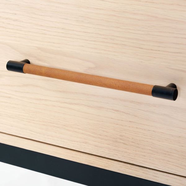 Safavieh Chandri Vegan Leather Wrapped Handle Nightstand - Stylish Storage Solution For Modern Bedrooms Oak ,Black Wood ,Metal ,Vegan Leather Sfv2191c