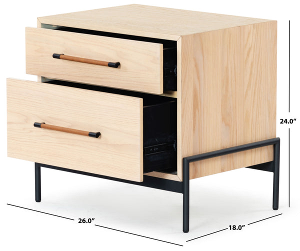 Safavieh Chandri Vegan Leather Wrapped Handle Nightstand - Stylish Storage Solution For Modern Bedrooms Oak ,Black Wood ,Metal ,Vegan Leather Sfv2191c