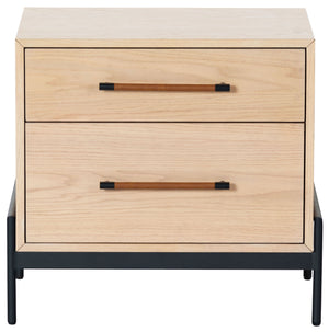 Safavieh Chandri Vegan Leather Wrapped Handle Nightstand - Stylish Storage Solution For Modern Bedrooms Oak ,Black Wood ,Metal ,Vegan Leather Sfv2191c