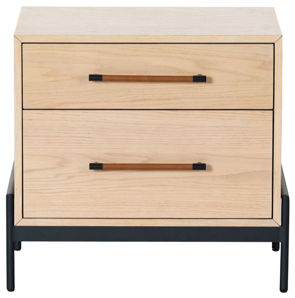 Safavieh Chandri Vegan Leather Wrapped Handle Nightstand - Stylish Storage Solution For Modern Bedrooms Oak ,Black Wood ,Metal ,Vegan Leather Sfv2191c