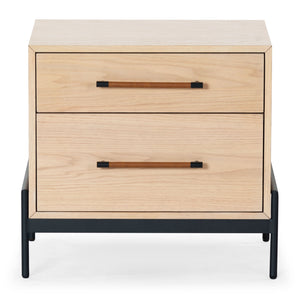 Safavieh Chandri Vegan Leather Wrapped Handle Nightstand - Stylish Storage Solution For Modern Bedrooms Oak ,Black Wood ,Metal ,Vegan Leather Sfv2191c