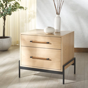 Safavieh Chandri Vegan Leather Wrapped Handle Nightstand - Stylish Storage Solution For Modern Bedrooms Oak ,Black Wood ,Metal ,Vegan Leather Sfv2191c