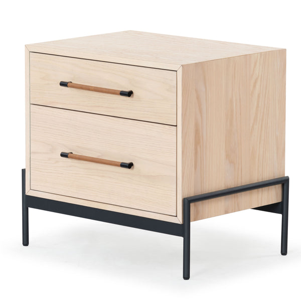 Safavieh Chandri Vegan Leather Wrapped Handle Nightstand - Stylish Storage Solution For Modern Bedrooms Oak ,Black Wood ,Metal ,Vegan Leather Sfv2191c