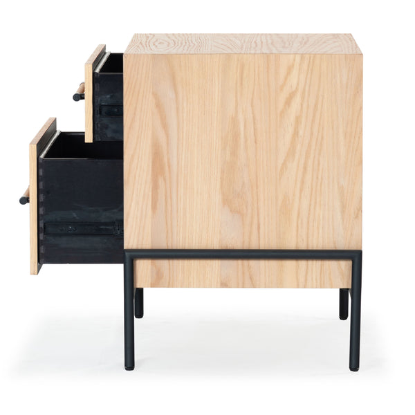 Safavieh Chandri Vegan Leather Wrapped Handle Nightstand - Stylish Storage Solution For Modern Bedrooms Oak ,Black Wood ,Metal ,Vegan Leather Sfv2191c