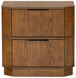 Safavieh Aerilyn Curved Front 2 Drawer Nightstand - Elegant Storage Solution With Modern Iron Frame Design Medium Oak Wood ,Metal Sfv2200b