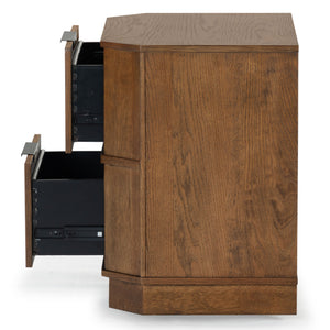 Safavieh Aerilyn Curved Front 2 Drawer Nightstand - Elegant Storage Solution With Modern Iron Frame Design Medium Oak Wood ,Metal Sfv2200b