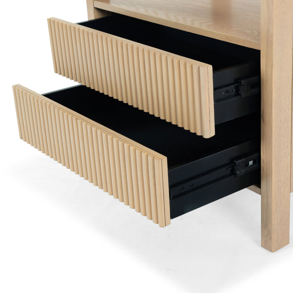 Safavieh Shelbie Elegant 2 Drawer Nightstand With Textured Reeded Fronts For Timeless Bedroom Style Oak Wood ,Polyester Resin Drawer Fronts Sfv2205a