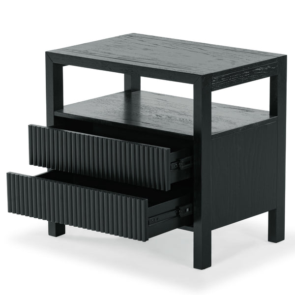 Safavieh Shelbie Elegant 2 Drawer Nightstand With Textured Reeded Fronts For Timeless Bedroom Style Black Wood ,Polyester Resin Drawer Fronts Sfv2205b