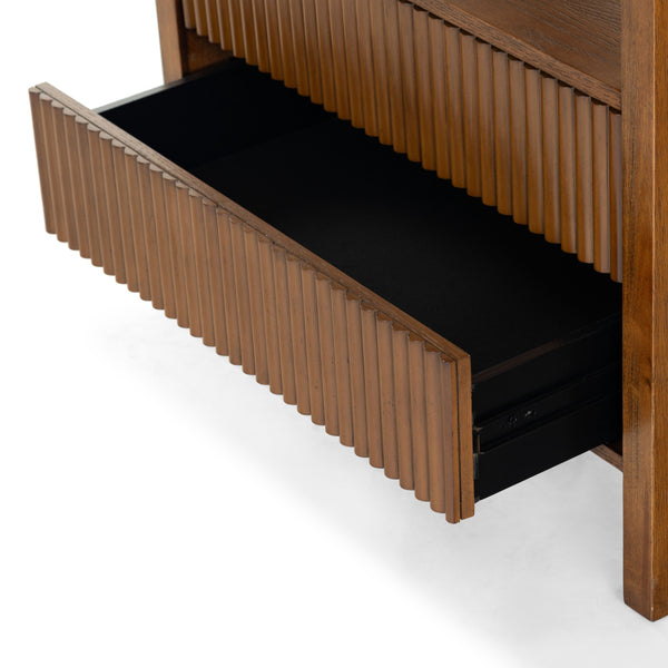 Safavieh Shelbie Elegant 2 Drawer Nightstand With Textured Reeded Fronts For Timeless Bedroom Style Medium Oak Wood ,Polyester Resin Drawer Fronts Sfv2205c