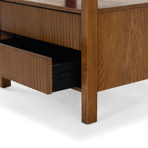 Safavieh Shelbie Elegant 2 Drawer Nightstand With Textured Reeded Fronts For Timeless Bedroom Style Medium Oak Wood ,Polyester Resin Drawer Fronts Sfv2205c