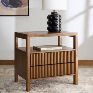 Safavieh SHELBIE 2-Drawer Reeded Nightstand - Modern Elegance with Practical Storage for Any Space Medium Oak SFV2205C