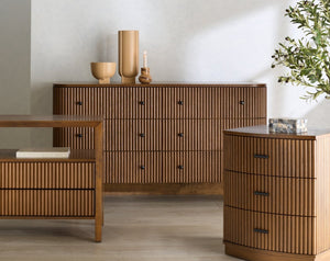 Safavieh SHELBIE 6 Drawer Reeded Dresser – Textured Elegance and Ample Storage for Modern Bedrooms Medium Oak / Black SFV2207C