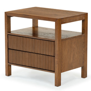 Safavieh Shelbie Elegant 2 Drawer Nightstand With Textured Reeded Fronts For Timeless Bedroom Style Medium Oak Wood ,Polyester Resin Drawer Fronts Sfv2205c