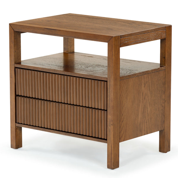 Safavieh Shelbie Elegant 2 Drawer Nightstand With Textured Reeded Fronts For Timeless Bedroom Style Medium Oak Wood ,Polyester Resin Drawer Fronts Sfv2205c