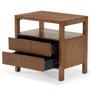 Safavieh Shelbie Elegant 2 Drawer Nightstand With Textured Reeded Fronts For Timeless Bedroom Style Medium Oak Wood ,Polyester Resin Drawer Fronts Sfv2205c