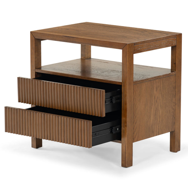 Safavieh Shelbie Elegant 2 Drawer Nightstand With Textured Reeded Fronts For Timeless Bedroom Style Medium Oak Wood ,Polyester Resin Drawer Fronts Sfv2205c