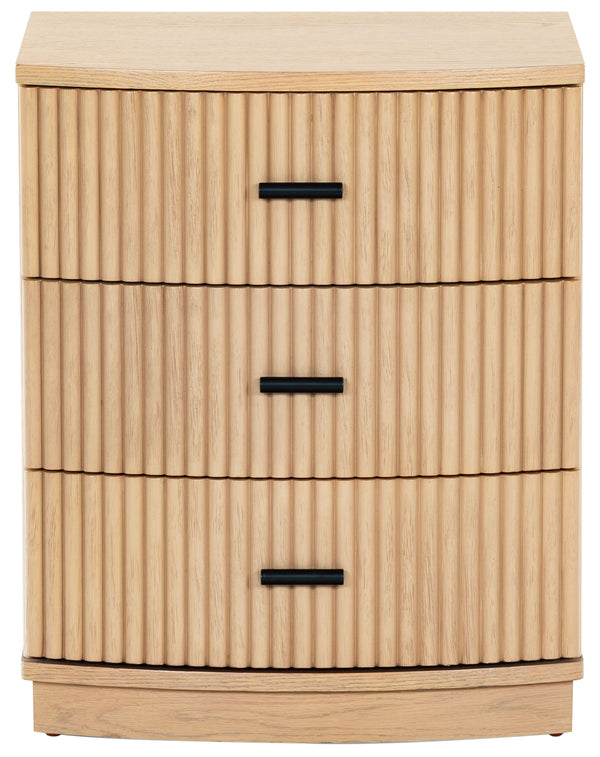 Safavieh Shelbie 3 Drawer Reeded Nightstand - Elegant Oak Design With Modern Accents For Any Bedroom Decor Oak ,Black Wood ,Polyester Resin Drawer Fronts ,Metal Sfv2206a