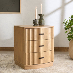 Safavieh SHELBIE 3 Drawer Reeded Nightstand - Modern Storage Solution for Stylish Bedrooms and Small Spaces Oak / Black SFV2206A